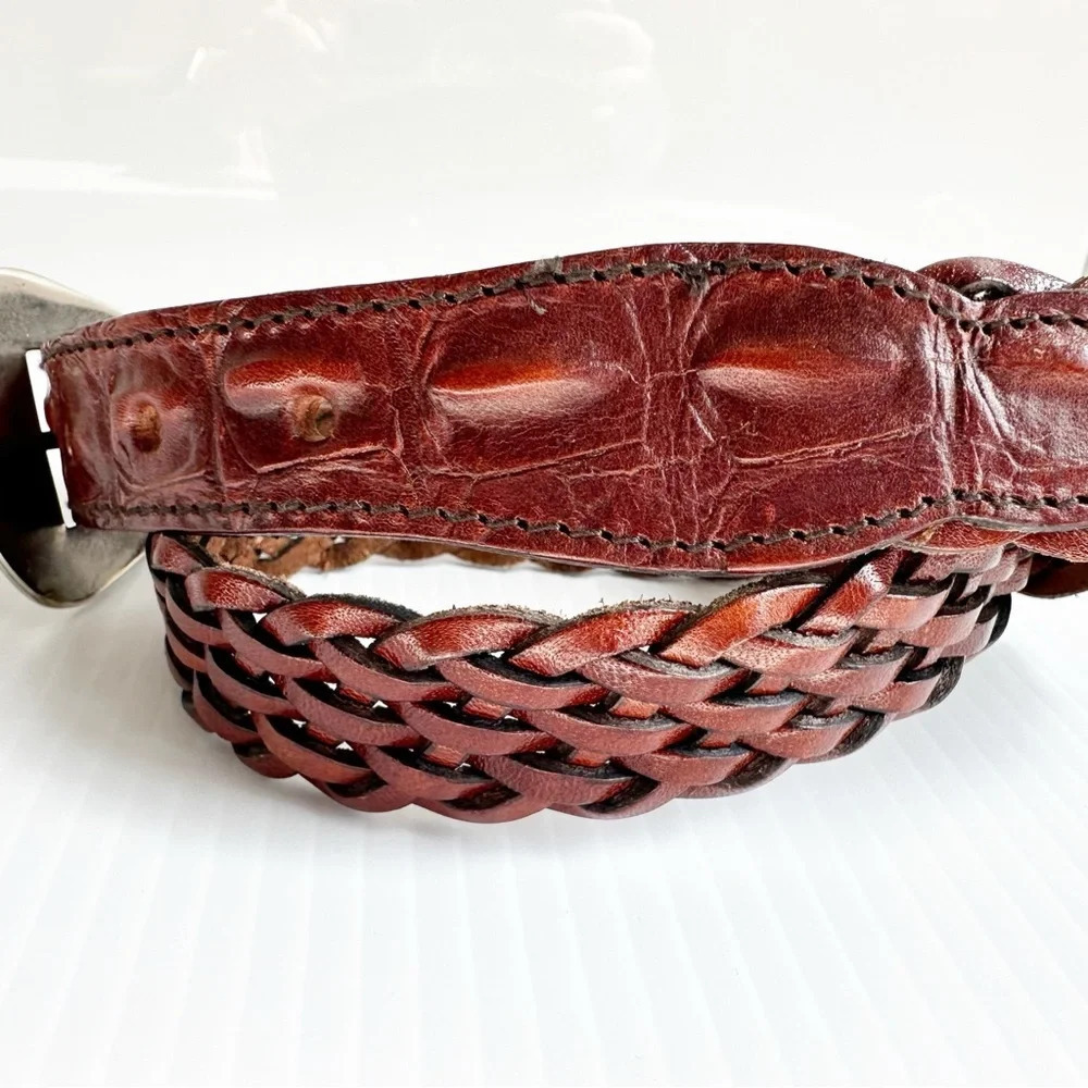 Vintage Crocodile Back, Woven Leather Belt Brown Silver Decorative Buckle - Picture 3 of 9